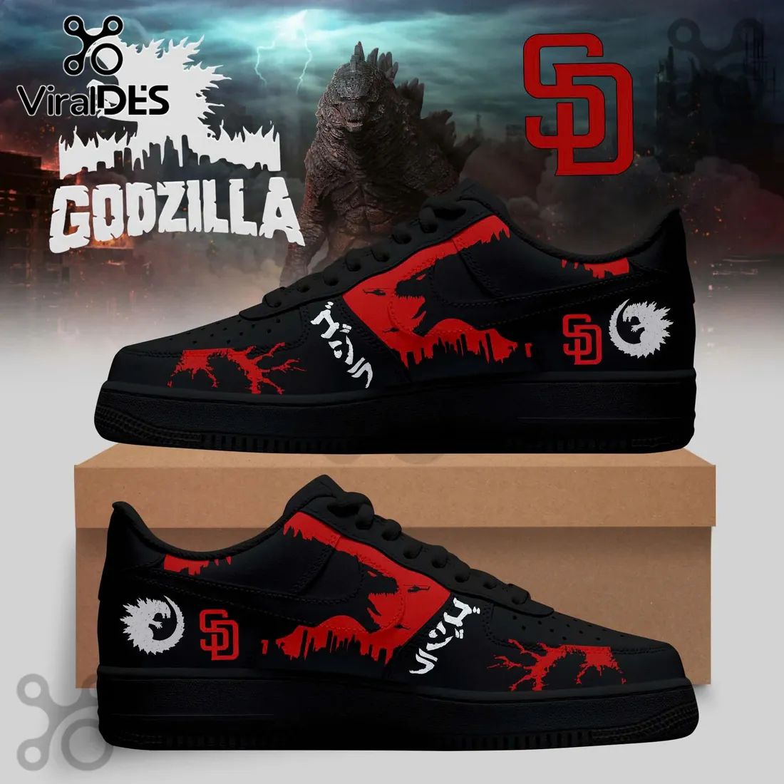 Godzilla x San Diego Padres Black Air Force 1 Sneakers