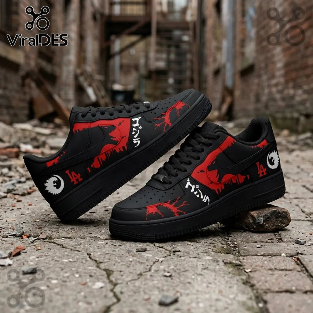 Godzilla x Los Angeles Dodgers Black Red Air Force 1 Sneakers