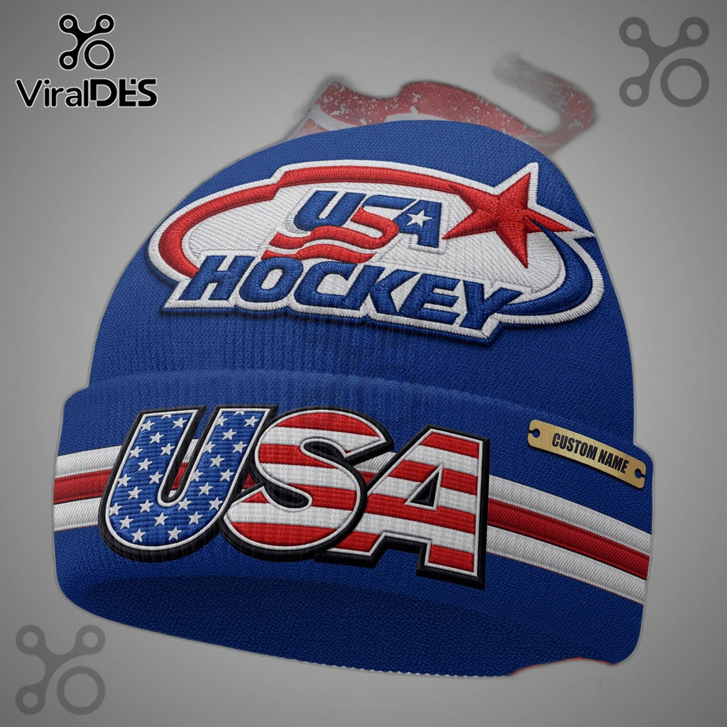 USA Hockey Personalized 3D Embroidered Winter Beanie Hat