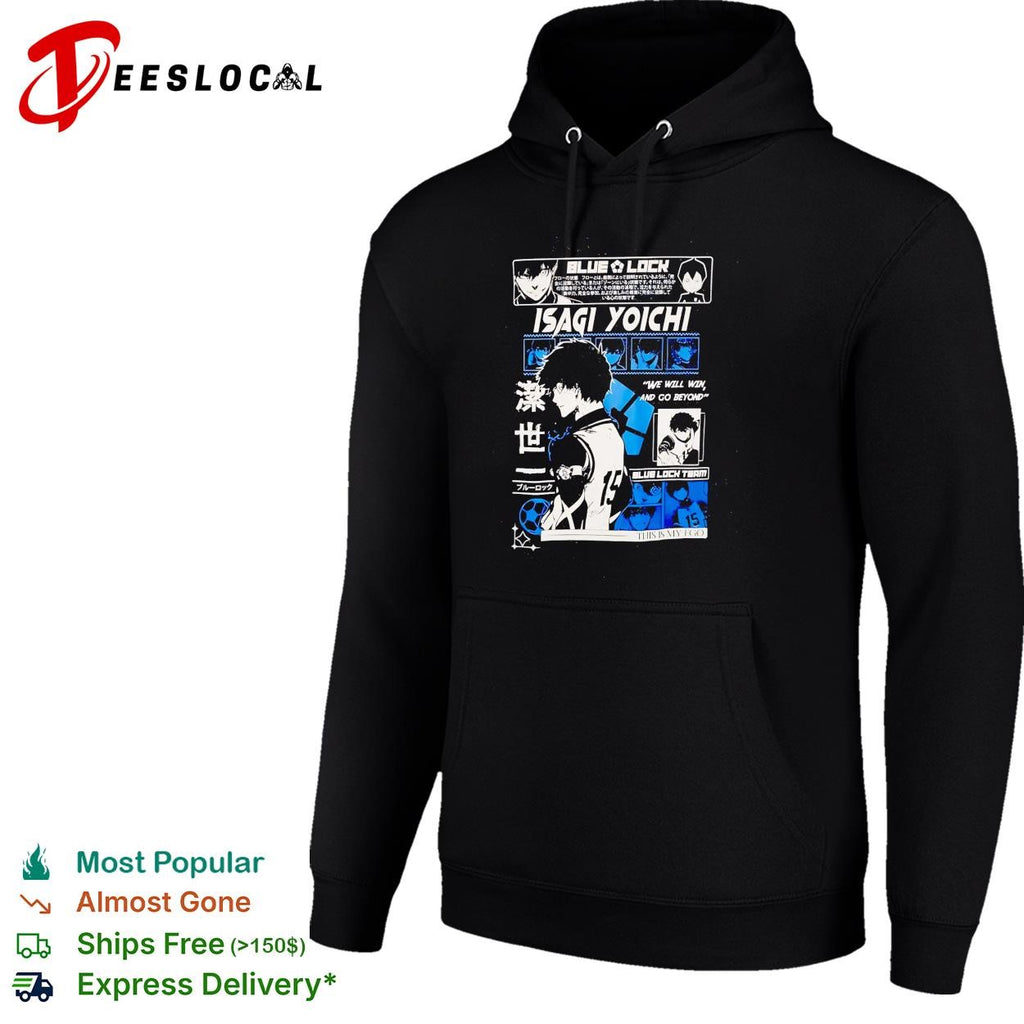 Blue Lock Isagi Yoichi character profile manga panel collage black poster shirt