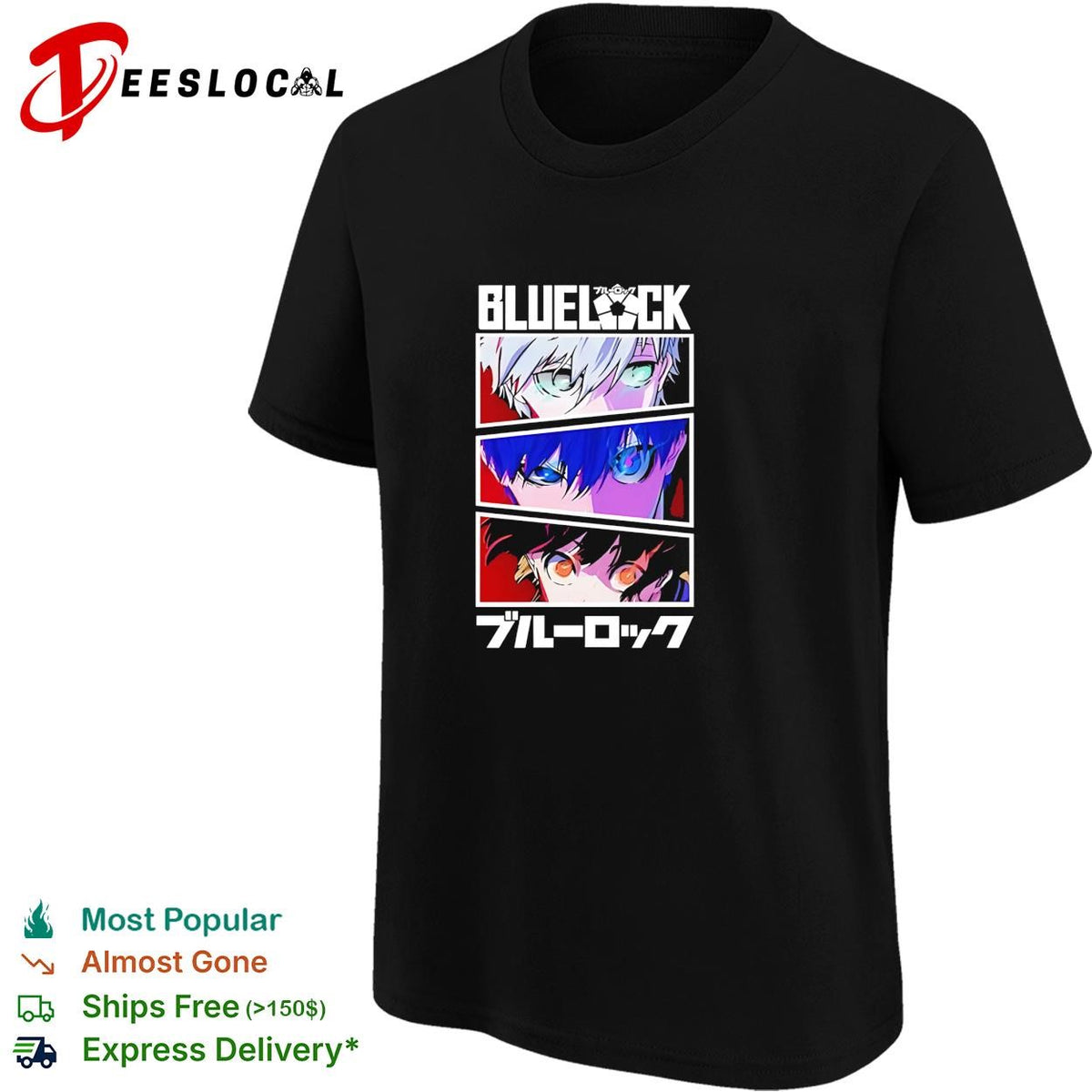 Blue Lock anime character eyes collage bold blue lettering manga graphic shirt